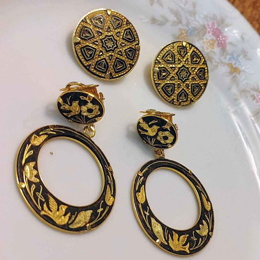 Vintage Lot of 2 Damascene Jewelry Featuring Clip-On Earrings Prong Set